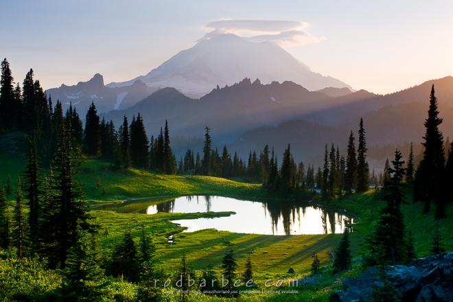 Upper Tipsoo Lake and Mt. Rainier, Mt. Rainier National Park. Late afternoon. Summer.